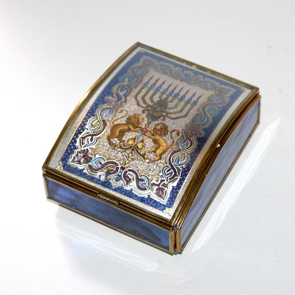 Enesco Music Box Judaica Menorah Vtg 1995 glass brass Jewish Hatikvah